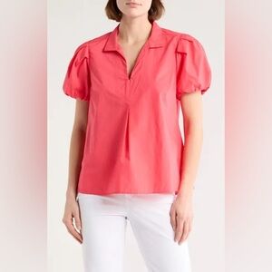 Tommy Bahama Nova Wave Puff Sleeve Seersucker Top Red Orange Women Size XS
